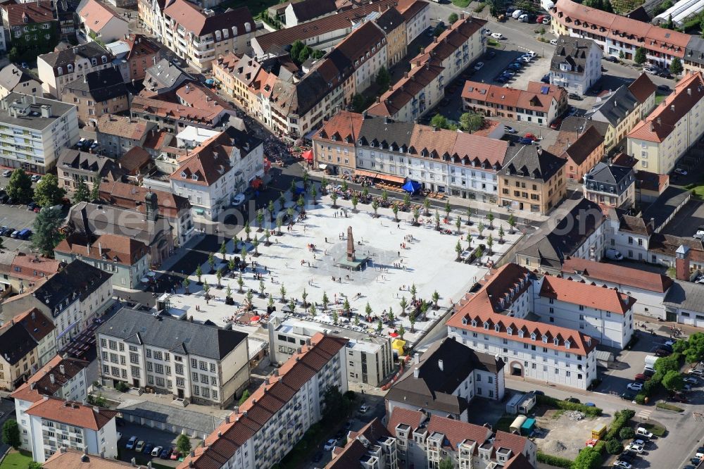 Huningue from above - The square Abbatucci Square in the city center in the downtown area in Huningue in France is part of the new city - reshaping