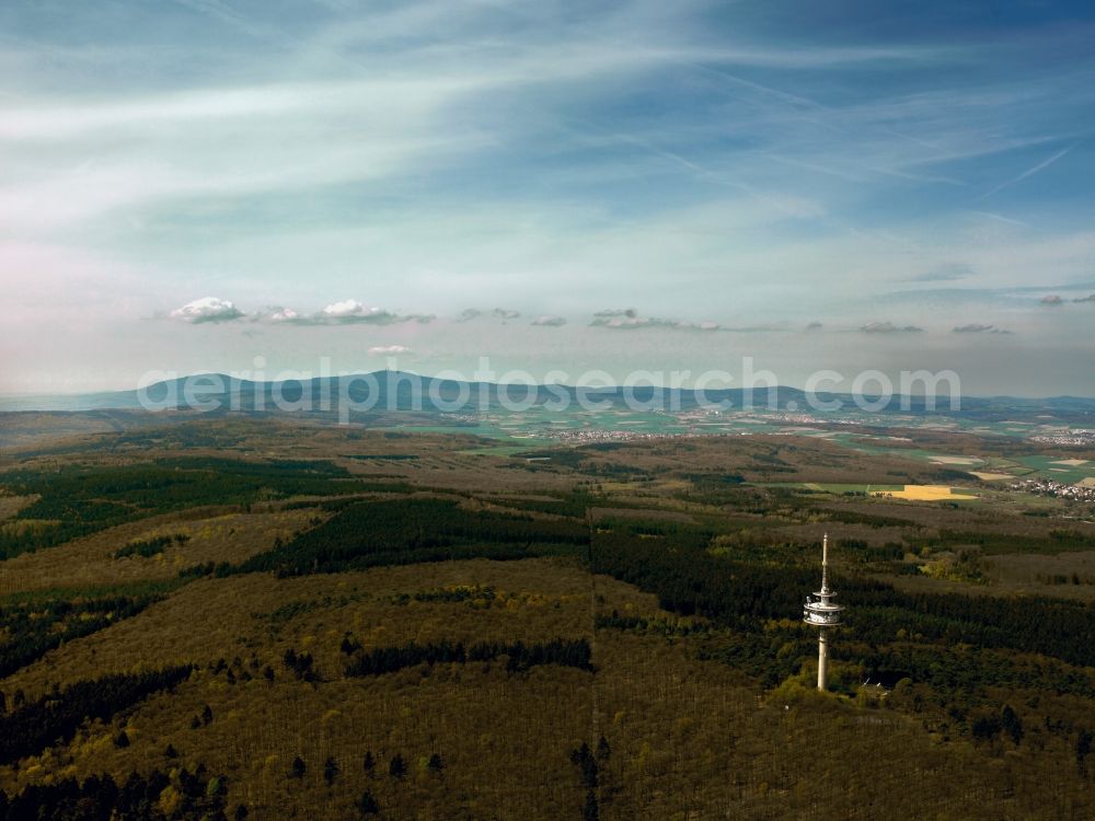 Aerial image Kelkheim - The Taunus mountains in the state of Hesse. In the foreground visible lies the Atzelberg mountain with its broadcasting tower. In the background lies the highest mountain top of the region, the Große Feldberg. Large parts of the landscape are connected through a nature park