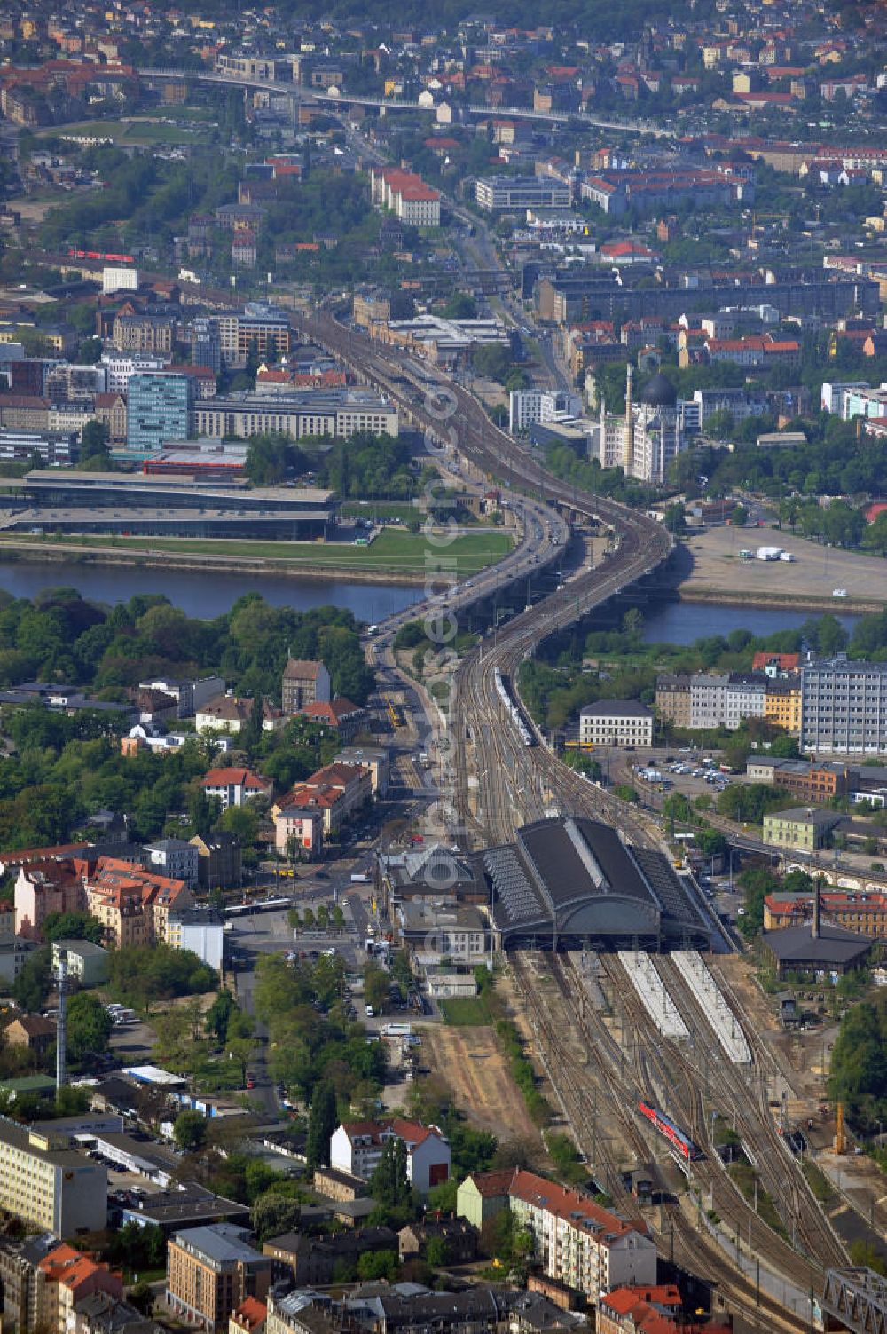 Dresden from above - View at the train station Dresden-Neustadt. The long distance station is located near the Elbe river in the Leipziger Vorstadt district