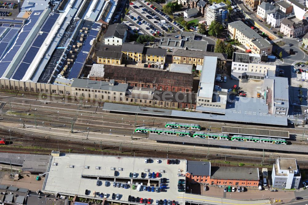 Aerial image Limburg - The train station Limburg is a station in the inner city of Limburg. The Lahntal line connects Koblenz and Gießen. Behind the station is a former main railway workshop, which is closed since 2005