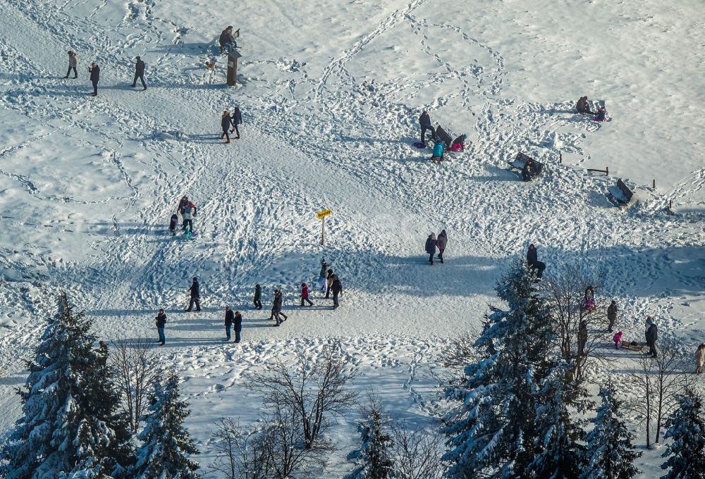 Aerial image Winterberg - View of the mountain Kahler Asten covered with snow nearby Winterberg in the district Hochsauerlandkreis HSK in the state North Rhine-Westphalia