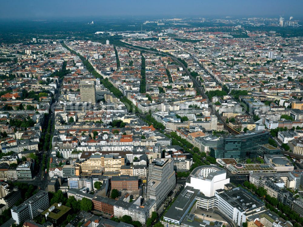 Aerial image Berlin - View of the Charlottenburg district of Berlin along the boulevard Kurfürstendamm (also colloquially known as Ku'damm), which has been the center of former West Berlin