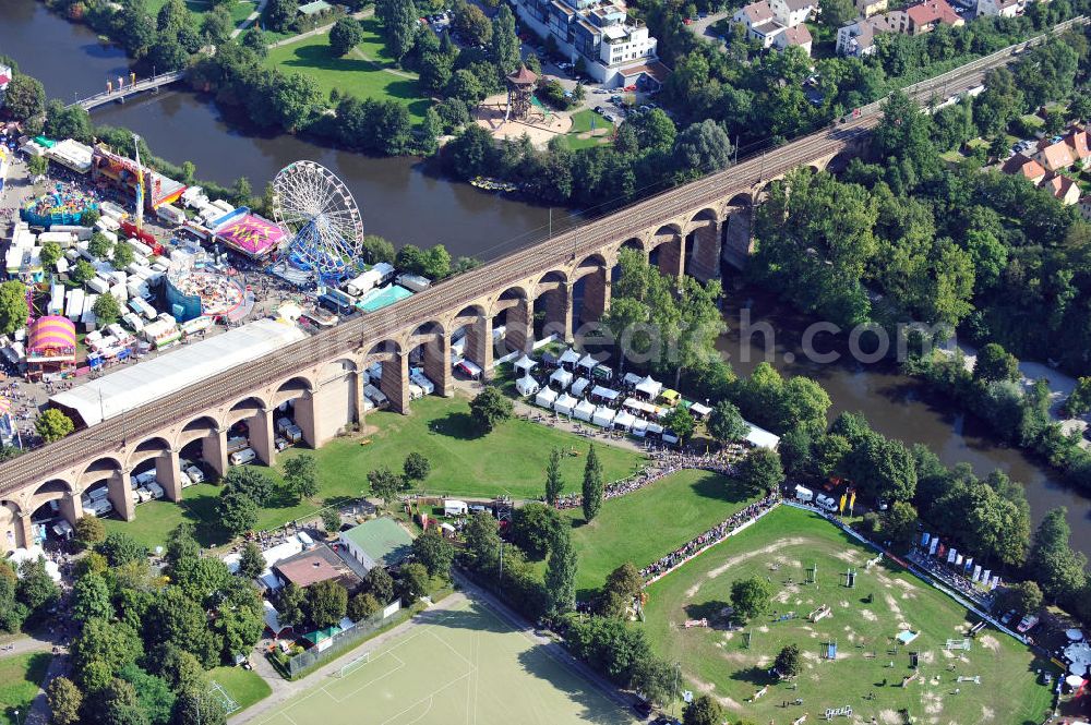 Aerial image Bietigheim-Bissingen - Der Bietigheimer Eisenbahnviadukt über dem Enztal mit dem Bietigheimer Pferdemarkt in Bietigheim - Bissingen. Die Eisenbahnbrücke wurde unter der Leitung von Karl Etzel erbaut. The Bietigheimer railway viaduct with the Bietigheimer horse market in Bietigheim-Bissingen.