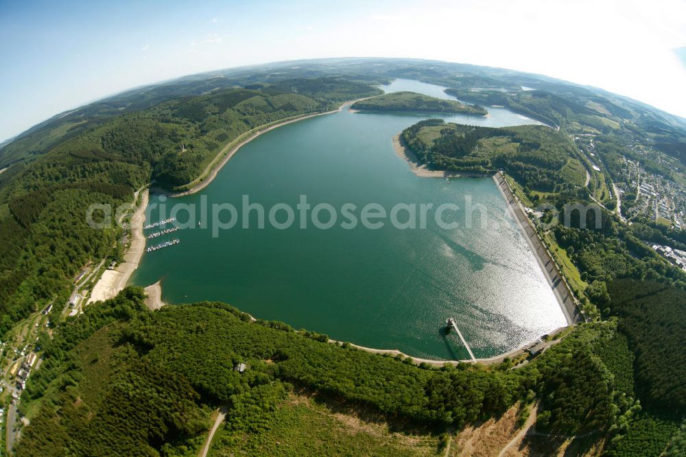 Aerial image ATTENDORN - Fish Eye Motiv vom Biggesee (auch Biggetalsperre) - ein Stausee im Kreis Olpe in Nordrhein-Westfalen. Der Staudamm dient der Regulierung von Bigge, Lenne und Ruhr sowie der Wasserversorgung des Ruhrgebiets. The Bigge in North Rhine-Westphalia.