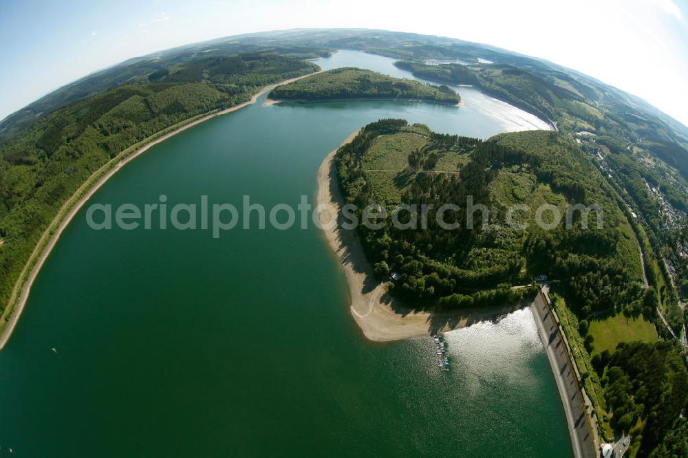 Aerial photograph ATTENDORN - Fish Eye Motiv vom Biggesee (auch Biggetalsperre) - ein Stausee im Kreis Olpe in Nordrhein-Westfalen. Der Staudamm dient der Regulierung von Bigge, Lenne und Ruhr sowie der Wasserversorgung des Ruhrgebiets. The Bigge in North Rhine-Westphalia.