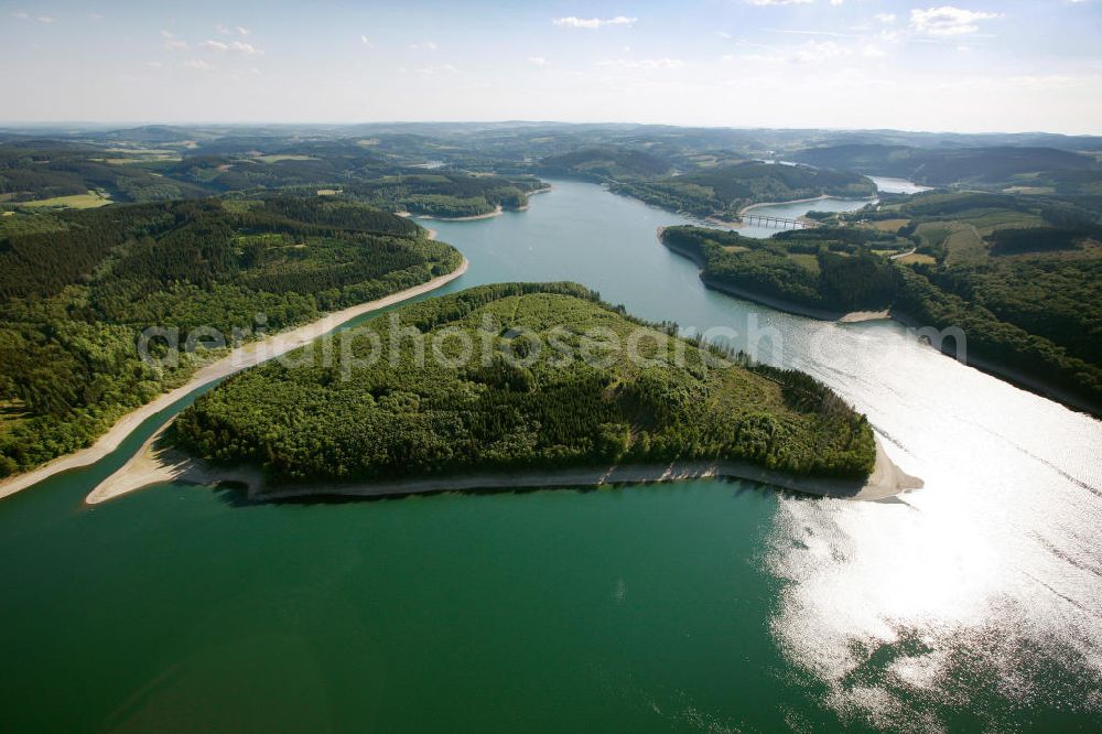 Aerial image ATTENDORN - Der Biggesee (auch Biggetalsperre) - ein Stausee im Kreis Olpe in Nordrhein-Westfalen. Der Staudamm dient der Regulierung von Bigge, Lenne und Ruhr sowie der Wasserversorgung des Ruhrgebiets. The Bigge in North Rhine-Westphalia.