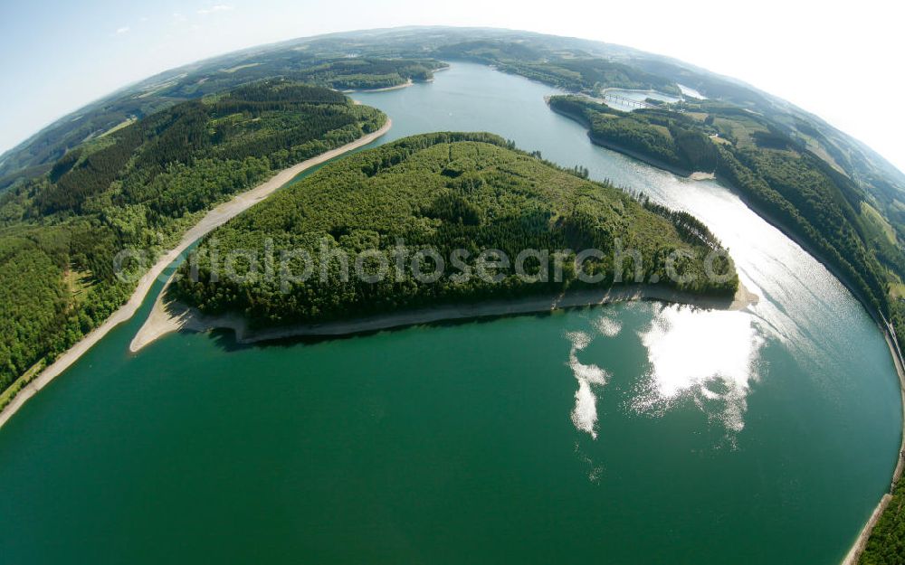 Aerial photograph ATTENDORN - Fish Eye Motiv vom Biggesee (auch Biggetalsperre) - ein Stausee im Kreis Olpe in Nordrhein-Westfalen. Der Staudamm dient der Regulierung von Bigge, Lenne und Ruhr sowie der Wasserversorgung des Ruhrgebiets. The Bigge in North Rhine-Westphalia.