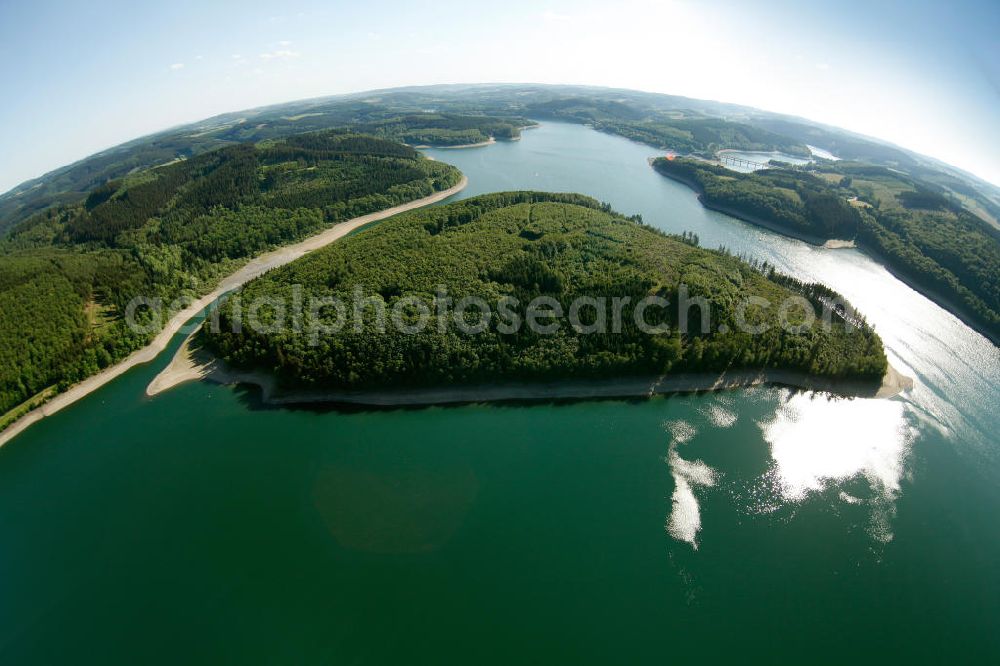 ATTENDORN from the bird's eye view: Fish Eye Motiv vom Biggesee (auch Biggetalsperre) - ein Stausee im Kreis Olpe in Nordrhein-Westfalen. Der Staudamm dient der Regulierung von Bigge, Lenne und Ruhr sowie der Wasserversorgung des Ruhrgebiets. The Bigge in North Rhine-Westphalia.