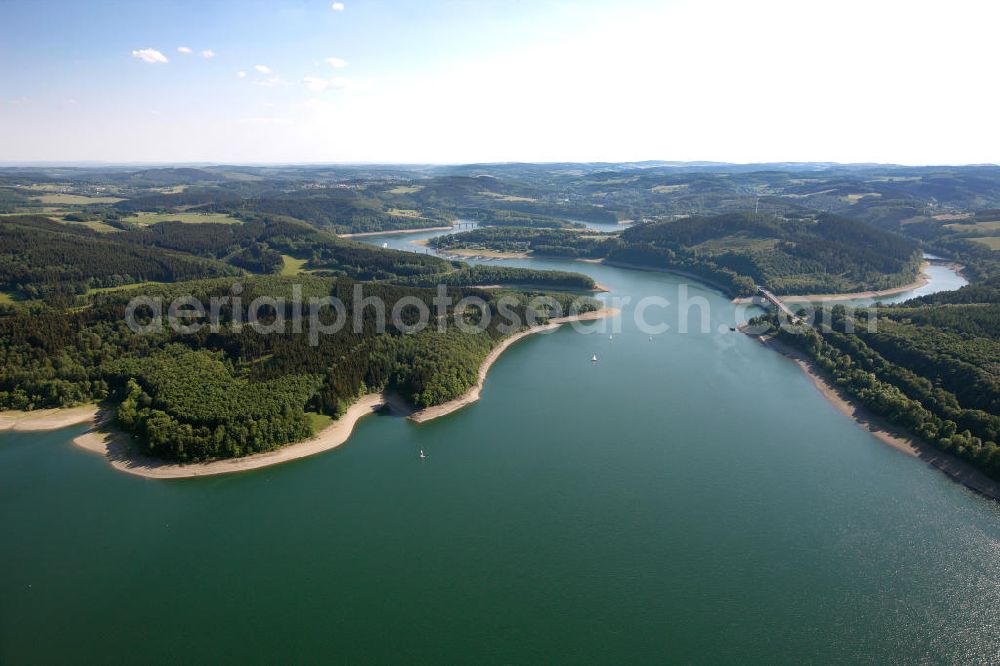 Aerial image ATTENDORN - Der Biggesee (auch Biggetalsperre) - ein Stausee im Kreis Olpe in Nordrhein-Westfalen. Der Staudamm dient der Regulierung von Bigge, Lenne und Ruhr sowie der Wasserversorgung des Ruhrgebiets. The Bigge in North Rhine-Westphalia.