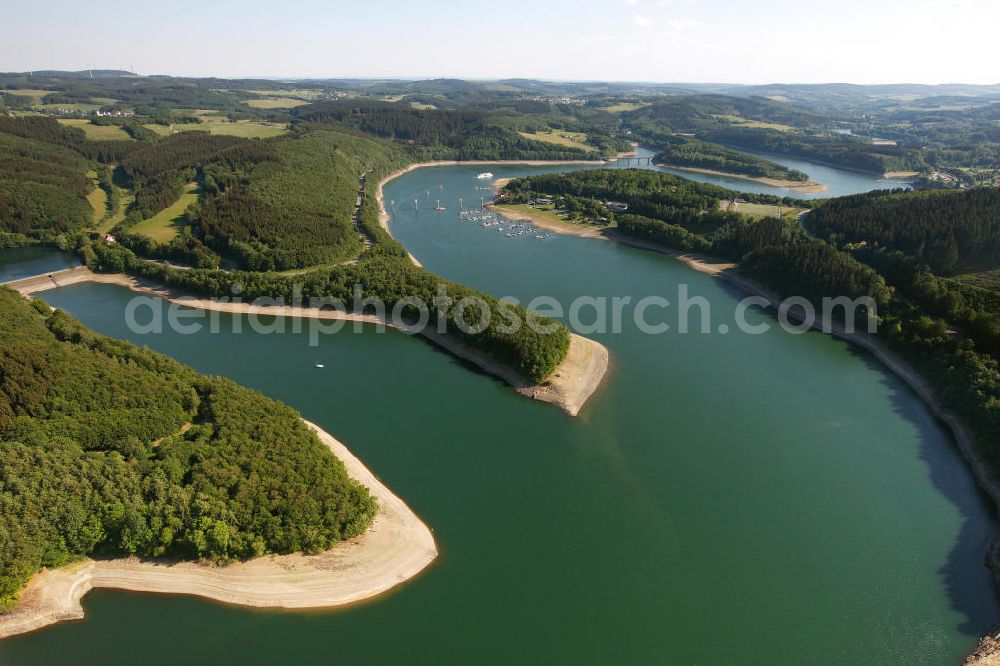 Aerial image ATTENDORN - Der Biggesee (auch Biggetalsperre) - ein Stausee im Kreis Olpe in Nordrhein-Westfalen. Der Staudamm dient der Regulierung von Bigge, Lenne und Ruhr sowie der Wasserversorgung des Ruhrgebiets. The Bigge in North Rhine-Westphalia.