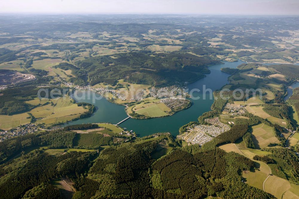 Aerial image ATTENDORN - Der Biggesee (auch Biggetalsperre) - ein Stausee im Kreis Olpe in Nordrhein-Westfalen. Der Staudamm dient der Regulierung von Bigge, Lenne und Ruhr sowie der Wasserversorgung des Ruhrgebiets. The Bigge in North Rhine-Westphalia.