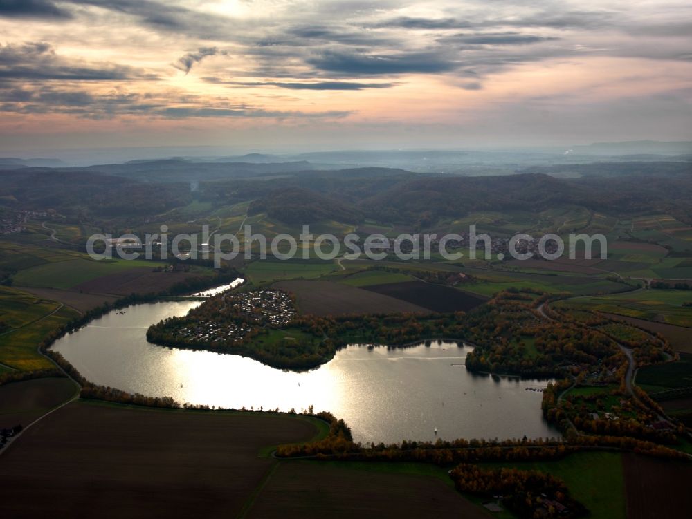 Aerial image Obersulm - The lake Breitenauer See in Obersulm in the state of Baden-Württemberg. The lake is a barrier lake used for recreation and swimming. It was created by blocking the river Sulm. It is located in the North Western area of the nature reserve park Swabian Frankian Forest in the landscape protection area of Upper Sulm Valley