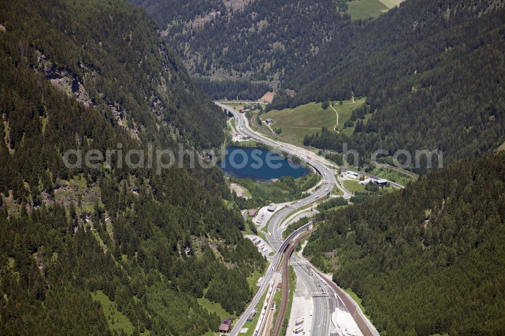 Gries am Brenner from above - The Brennersee near the village Gries Brenner in Tirol in Oesterreich. The Brenner highway is between the mountains of the Alps. It goes from Germany to Italy straight through Austria