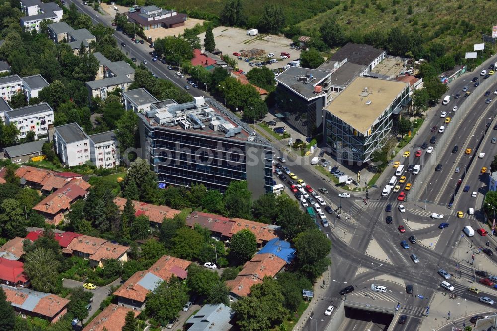 Aerial image Bukarest - The office and commercial building complex Baneasa Airport Tower in Bucharest, Romania. The property on the road Blvd. Ion Ionescu de la Brad is a project of IMMOFINANZ AG