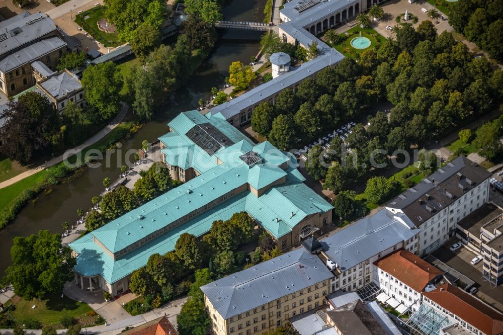 Bad Kissingen from above - Tourist attraction and sightseeing of Brunnen- and Wandelhalle Am Kurgarten in Bad Kissingen in the state Bavaria, Germany