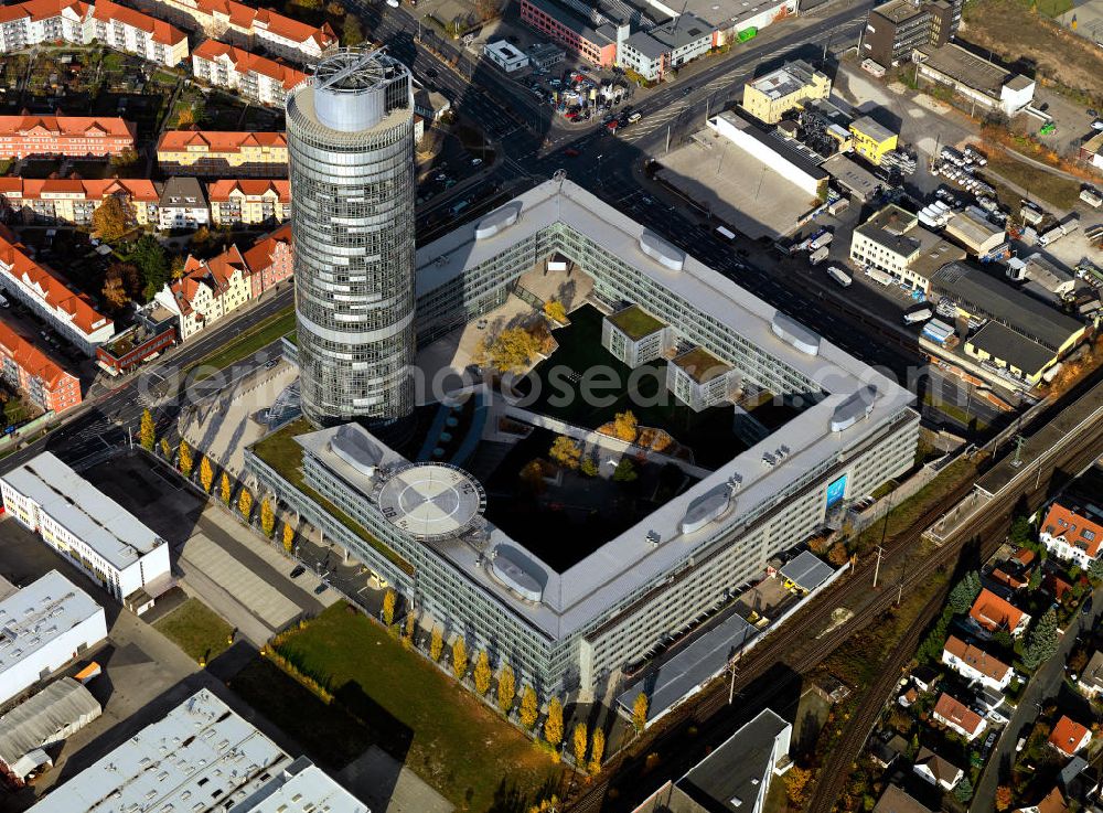 Nürnberg from above - View of the business tower of the Nuremberg Insurance Group in Nuremberg in the 100th Ostend street. The complex consists of a seven-storey block development in the form of a quadrangle, on the corner of an office tower adjoins a cylindrical with 34 floors which is the second tallest office building in Bavaria