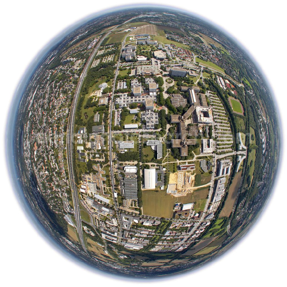 Dortmund from above - Fisheye Motiv vom Campus Nord der Technischen Univerität Dortmund mit dem Institute For Analytical Science, dem lehrstuhl für Thermodynamik und dem Lehrstuhl für Biotechnik. Fish-eye picture from North Campus of the Technical Univerity Dortmund with the Institute For Analytical Science, the department for Thermodynamics and the Department of Biotechnology.