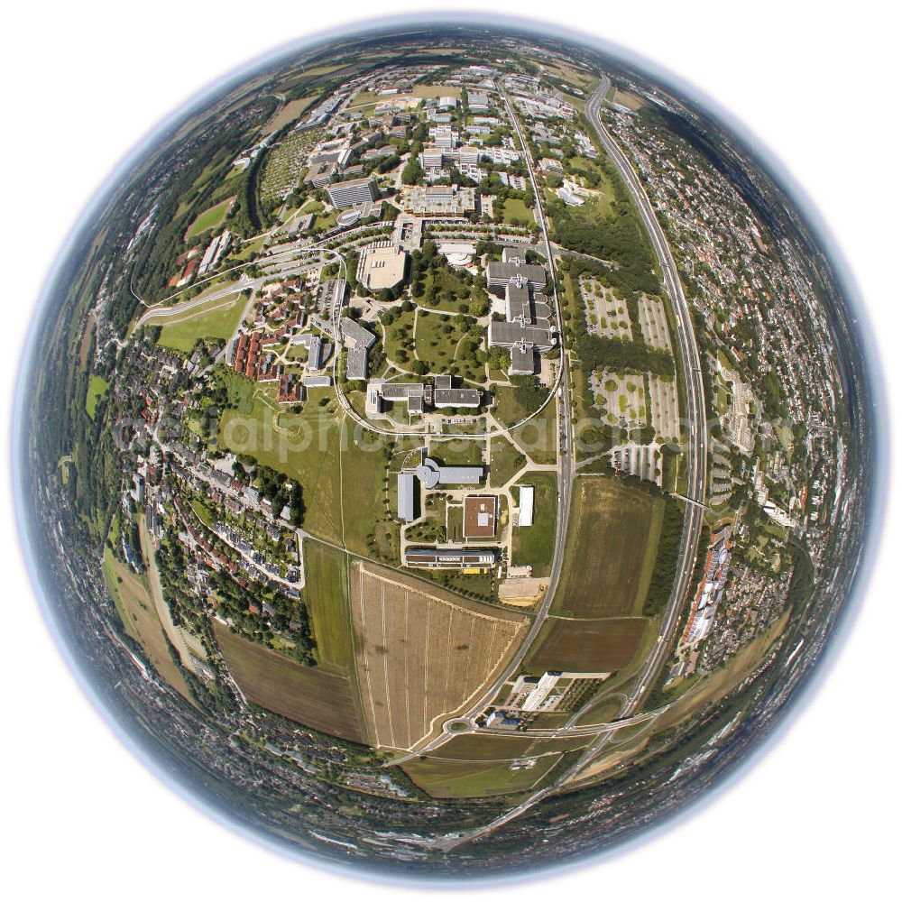 Aerial photograph Dortmund - Fish- eye picture from the campus of the University of Dortmund with the Institute of Journalism and the University Bookstore, and the University of Applied Social Sciences with its university library