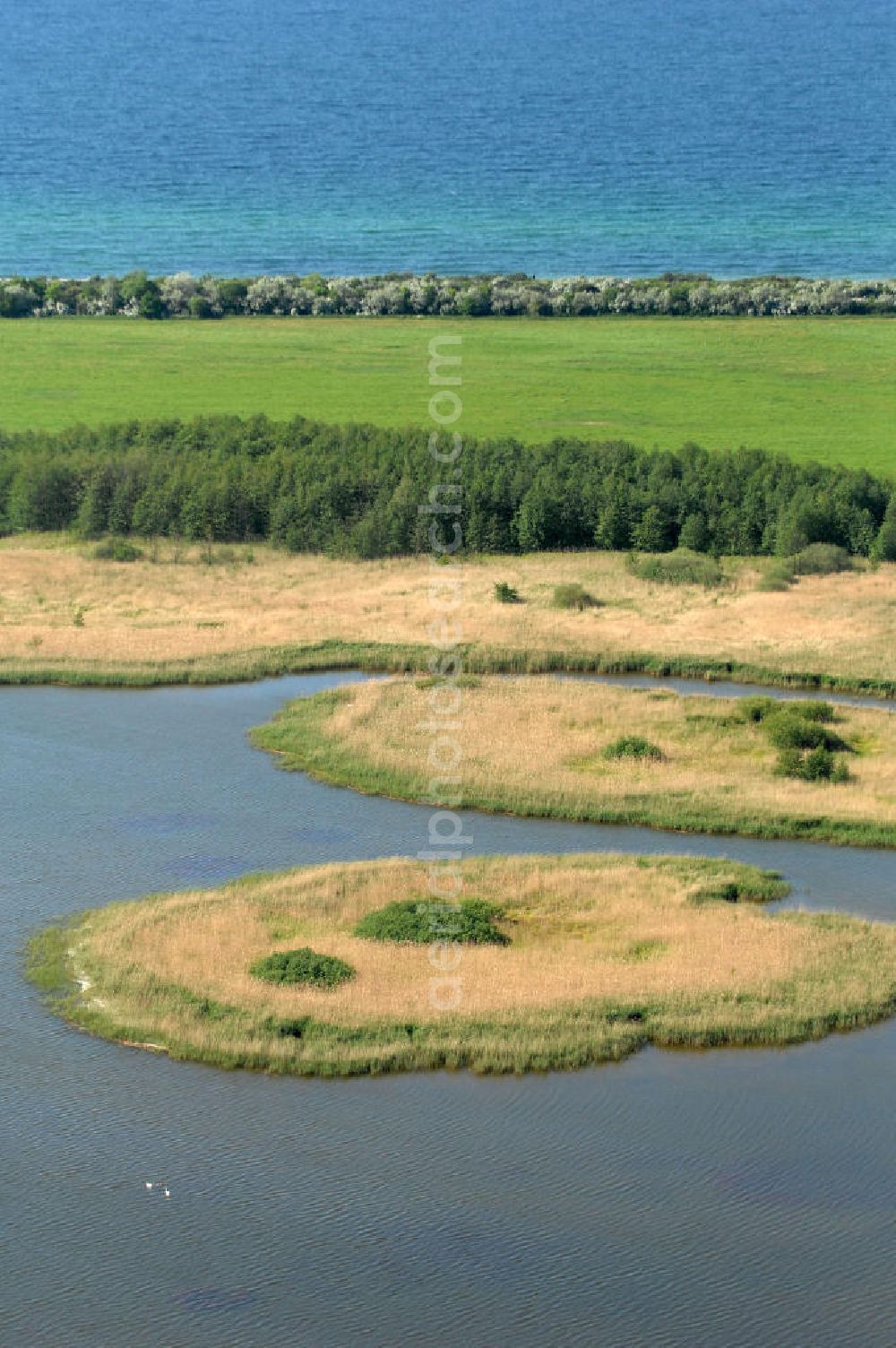 Aerial photograph Börgerende-Rethwisch - Blick auf den Conventer See. Er befindet sich direkt an der Ostseeküste zwischen Heiligendamm und Börgerende-Rethwisch, im Naturschutzgebiet Conventer Niederung. Der See hat eine Länge von 1,7 km und eine Breite von 0,8 km. Der See ist durch einen Kanal mit der Ostsee verbunden, im See befinden sich drei Inseln. Kontakt: Gemeinde Börgerende-Rethwisch, Seestraße 14, 18211 Börgerende; Tel. 038203 / 74973,