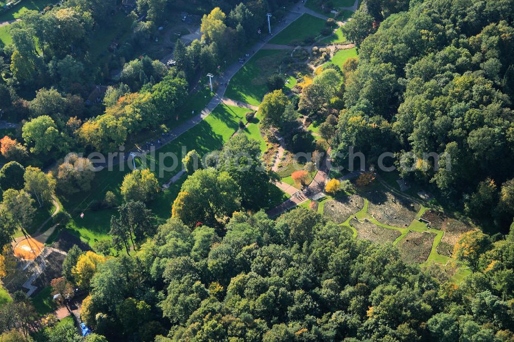 Saarbrücken from above - The german - french garden was opened in 1960 as a symbol of the friendship of the two countries. It is measuring 50 hectare and thus it is the largest park area of Saarbrücken. In 2001 it was declared a historic monument. The garden serves as an area for recreation and venue