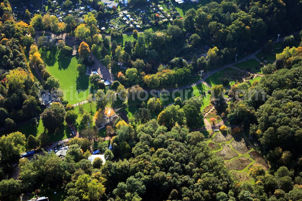 Aerial image Saarbrücken - The german - french garden was opened in 1960 as a symbol of the friendship of the two countries. It is measuring 50 hectare and thus it is the largest park area of Saarbrücken. In 2001 it was declared a historic monument. The garden serves as an area for recreation and venue