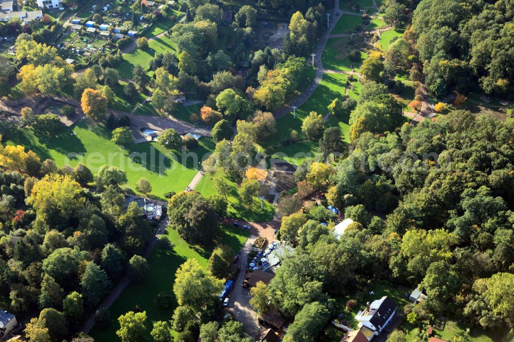 Aerial photograph Saarbrücken - The german - french garden was opened in 1960 as a symbol of the friendship of the two countries. It is measuring 50 hectare and thus it is the largest park area of Saarbrücken. In 2001 it was declared a historic monument. The garden serves as an area for recreation and venue