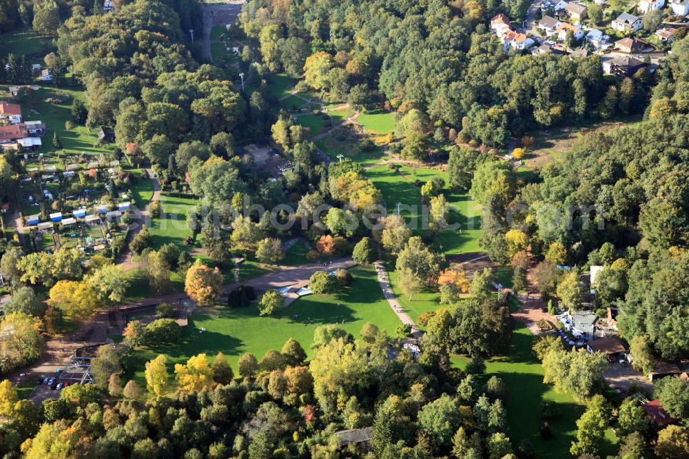 Saarbrücken from above - The german - french garden was opened in 1960 as a symbol of the friendship of the two countries. It is measuring 50 hectare and thus it is the largest park area of Saarbrücken. In 2001 it was declared a historic monument. The garden serves as an area for recreation and venue