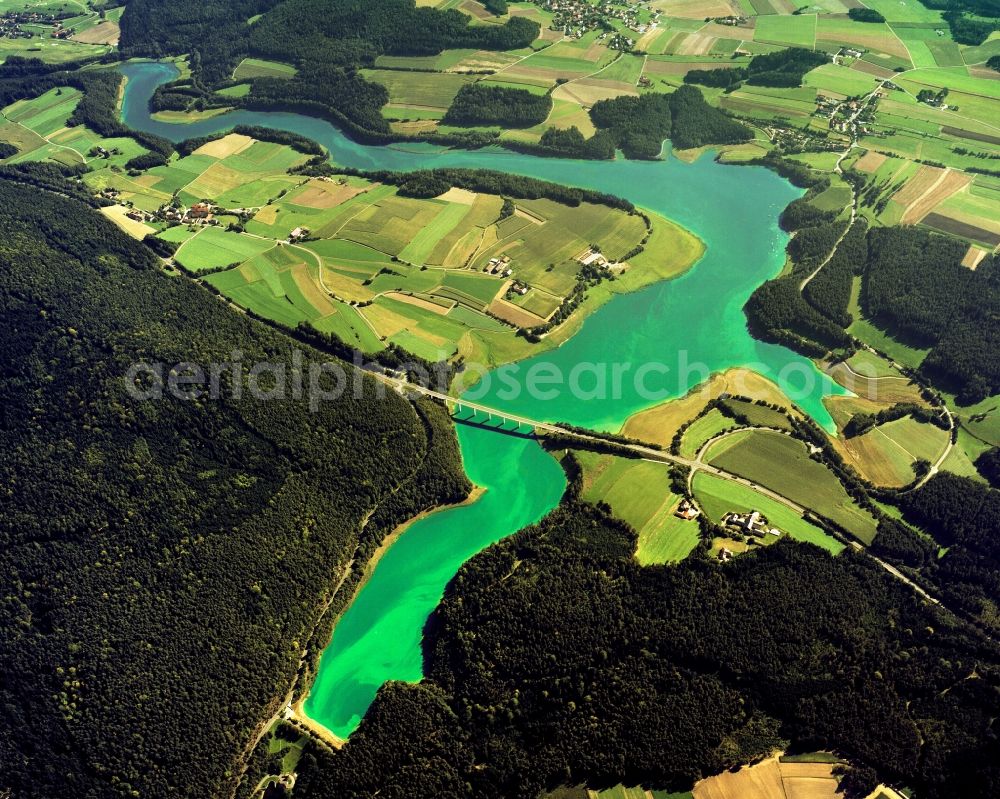 Neunburg vorm Wald from the bird's eye view: Lake Eixendorf in Neunburg vorm Wald in the state of Bavaria. The lake is an artificial barrage fix lake on the river Schwarzach in the East of Neunburg. The dam is located on the North end of the lake. The water dam is used for flooding protection and power generation