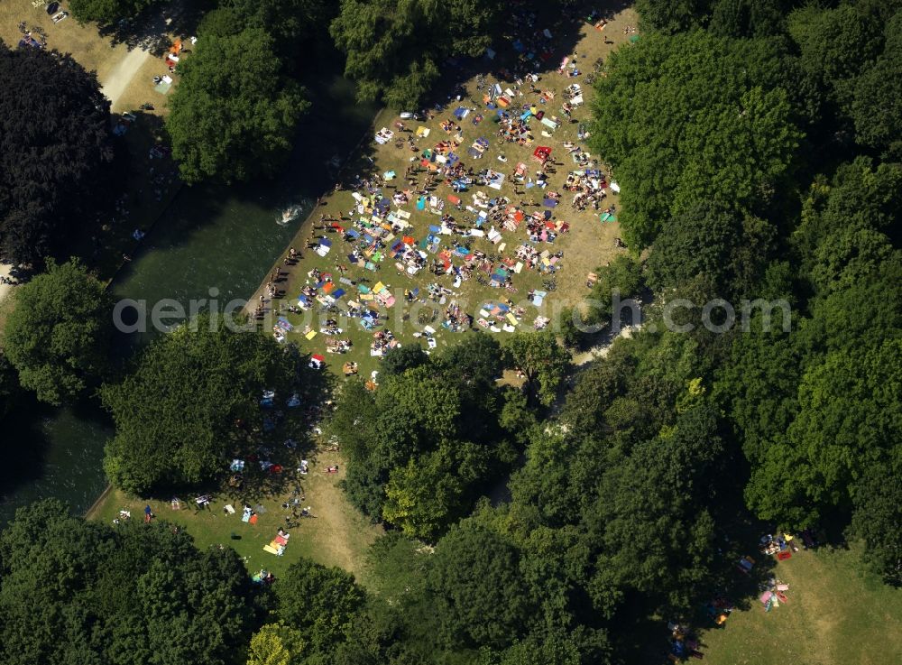 München from the bird's eye view: The leisure area Englischer Garten (English Garden) in Munich in the state of Bavaria. The popular greens and open spaces of the park are mainly used in summer and are administrated by the Bavarian Administration of castles, gardens and lakes. The English Garden is on of the largest inner city parks in the world