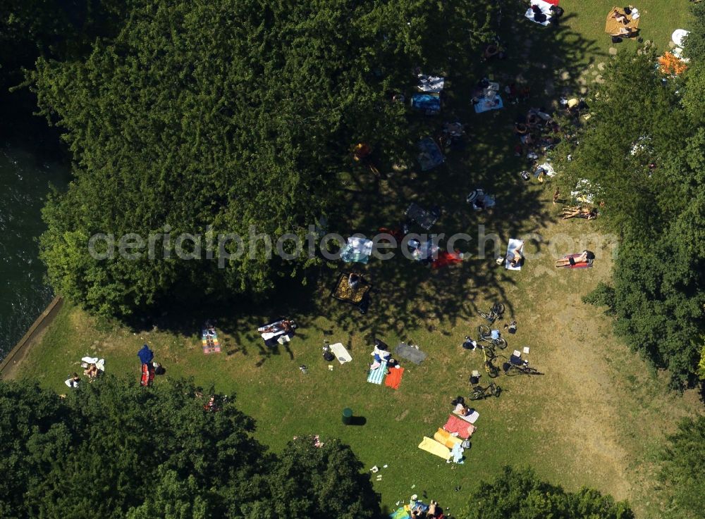 Aerial image München - The leisure area Englischer Garten (English Garden) in Munich in the state of Bavaria. The popular greens and open spaces of the park are mainly used in summer and are administrated by the Bavarian Administration of castles, gardens and lakes. The English Garden is on of the largest inner city parks in the world