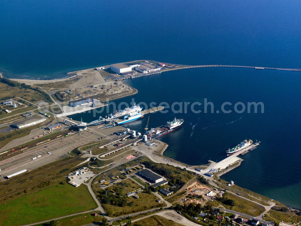 Aerial photograph Sassnitz OT Mukran - The Sassnitz harbour is a deep water port in the Mukran district of the city Sassnitz in the east of the island of Ruegen. The third largest german seaport is also the largest railway ferry terminal in Germany