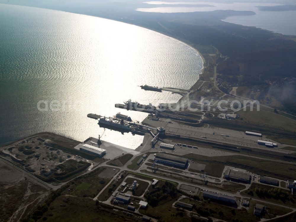 Sassnitz OT Mukran from above - The Sassnitz harbour is a deep water port in the Mukran district of the city Sassnitz in the east of the island of Ruegen. The third largest german seaport is also the largest railway ferry terminal in Germany