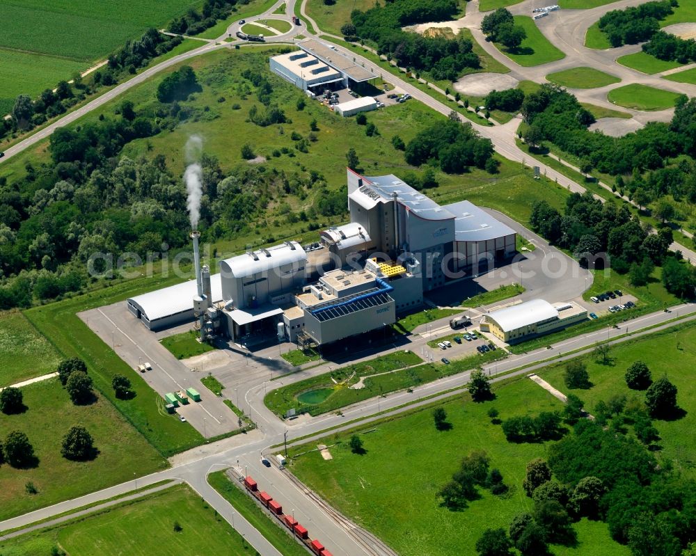 Bremgarten from above - The airfield and industrial area Bremgarten in the Breisgau region of the state of Baden-Württemberg. The area is a former military airfield. Today it is a nature preserve. View of the facilities of TREA energy recovery company and SOTEC energy technology