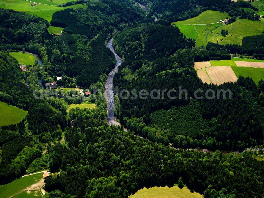 Aerial image Rettenbach - The river Ilz in the district of Rettenbach in state of Bavaria. The Ilz is a left side arm of the Danube in the region of the Bavarian Forest. It runs through the local hills and forests