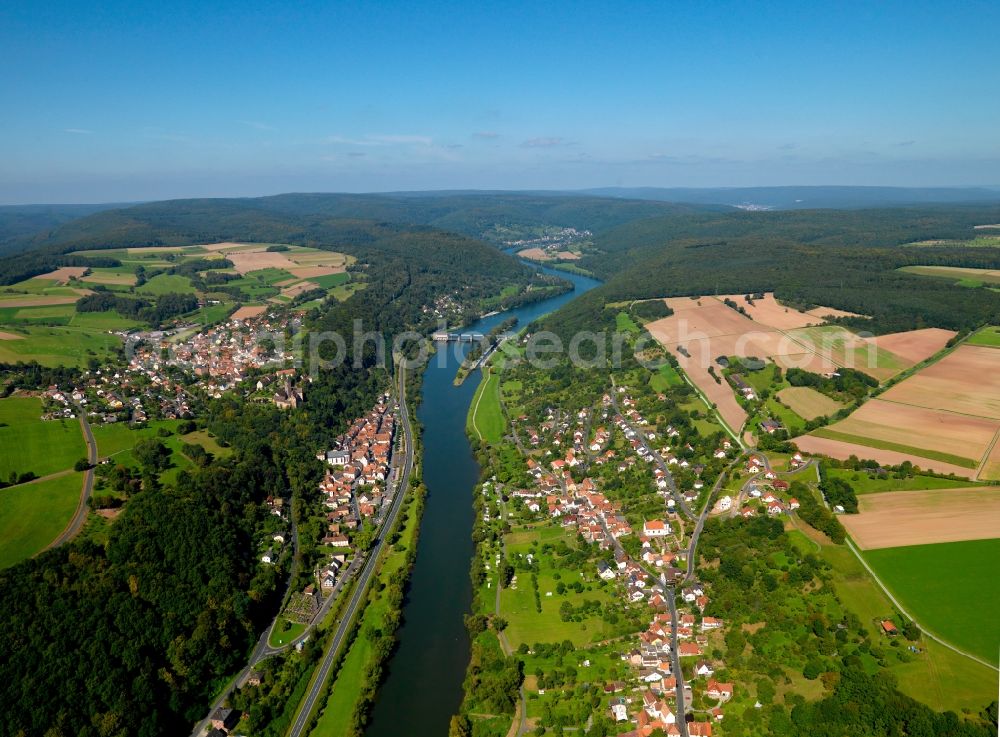 Aerial image Rothenfels - The river Main in the town of Rothenfels in the state of Bavaria. Rothenfels consists of Rothenfels and Bergrothenfels and is located between the river and a steep slope. Opposite the town - on the Eastern riverbank - lies Zimmern