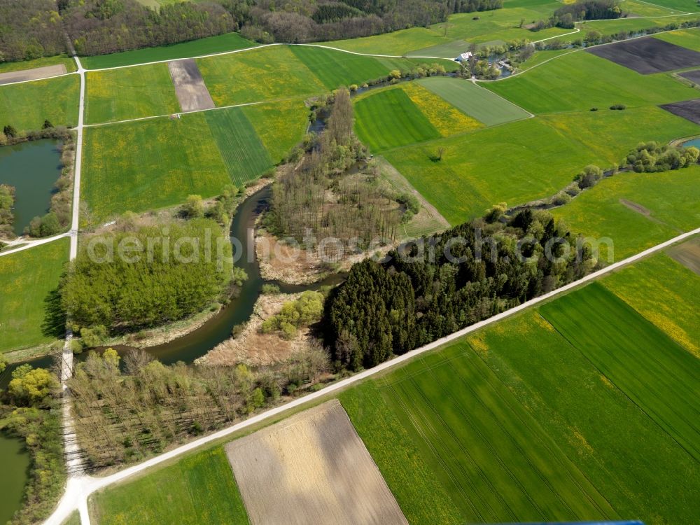 Aerial image Burtenbach - The river Mindel in the borough of Burtenbach in the state of Bavaria. The river splits into the Large Mindel and the Small Mindel and continues its run to the South, where the Small Mindel nurtures the pond Tiefgraben. The waters are surrounded by fields, meadows and forest