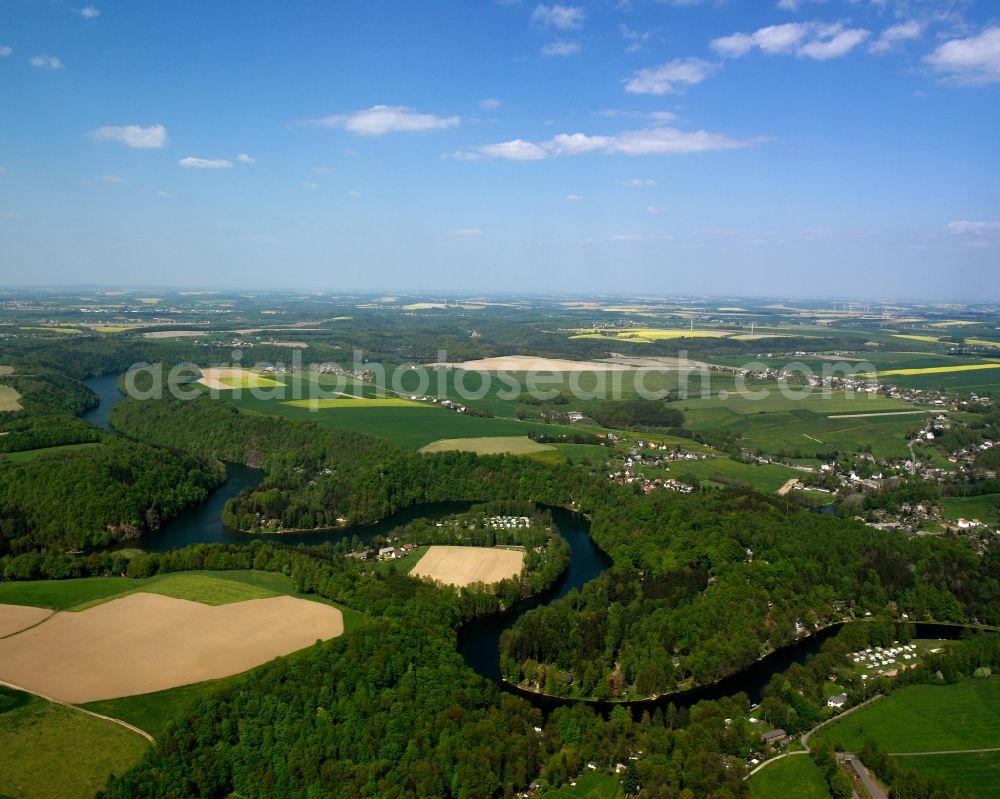 Mittweida from the bird's eye view: The river Zschopau and its course in Mittweida in the state of Saxony. The Zschoapu is 130km long and runs from South to North through the state. In the region surrounding Lauenhain, its course is characterised by narrow bends and curves through forest, fields and along a camping site