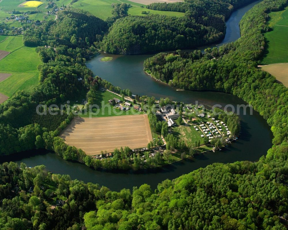 Aerial image Mittweida - The river Zschopau and its course in Mittweida in the state of Saxony. The Zschoapu is 130km long and runs from South to North through the state. In the region surrounding Lauenhain, its course is characterised by narrow bends and curves through forest, fields and along a camping site