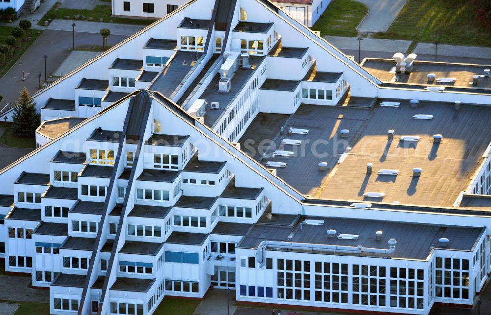 Kolkwitz from above - View of the complex I.T.R. Pyramids, which is hired as office space, conference and training room. It consists of two pyramid-like buildings with wings, which are connected by a connecting structure