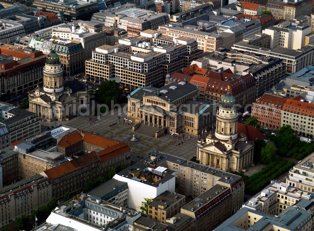 Aerial image Berlin - The Gendarmenmarkt is a square of the historic center of Berlin. The centerpiece is the concert hall, which is flanked on the north side of the French Cathedral and on the opposite side of the German Cathedral. The place was built from 1688 to plans by Johann Arnold Nering as a part of the Frederick City of Elector Frederick III