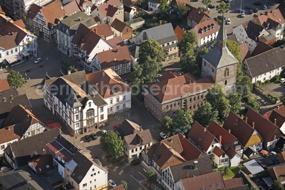 Aerial photograph Blomberg - The bell tower of the former Martin's Church was the only part of the building that was not demolished in 1833. The adjacent building is the Municipal Council