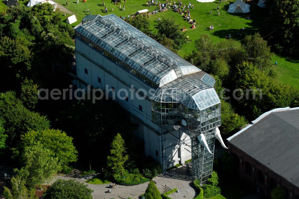 Hamm from the bird's eye view: View of the Crystal elephant, the symbol of the city of Hamm. The former building of the coal washing Maximilian was converted in 1984 for the National Garden Exhibition by the artist and architect Horst Rellecke to a walk-in sculpture