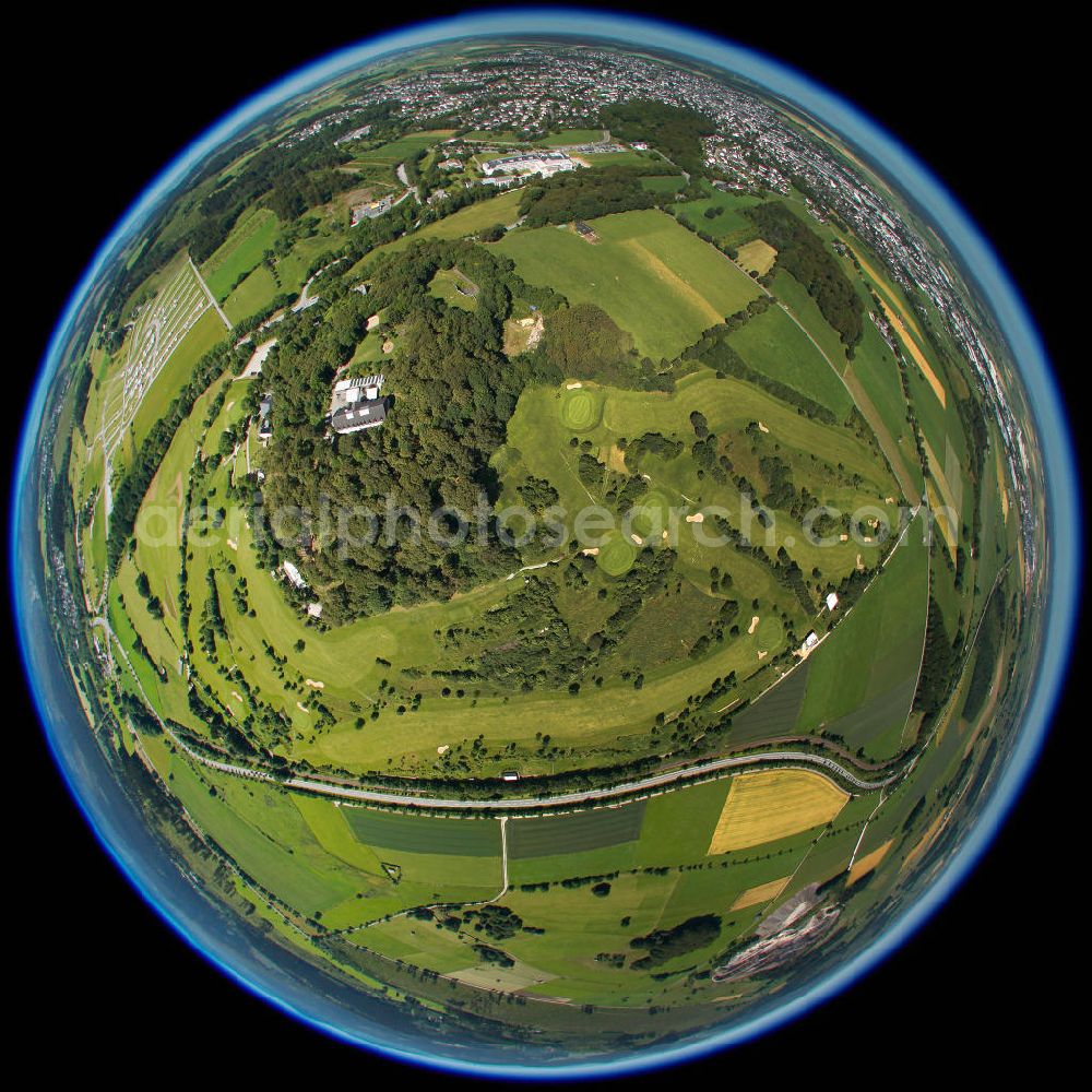 Aerial photograph BRILON - Fisheye motive of the Golf Club Brilon in North Rhine-Westphalia. A youth hostel and the Hotel Klaholz are also located on the grounds of the Golf Club