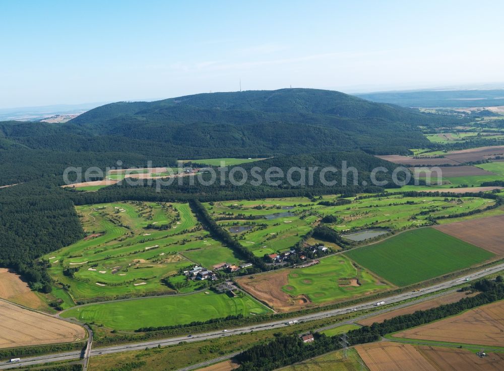 Aerial image Börrstadt - The golf club Am Donnersberg near Börrstadt in the state of Rhineland-Palatinate. The course is located on the south part of the mountain and next to the Autobahn A63. It can be used all year and is famous for its integration in the existing landscape. The 18-hole course is location to various tournaments