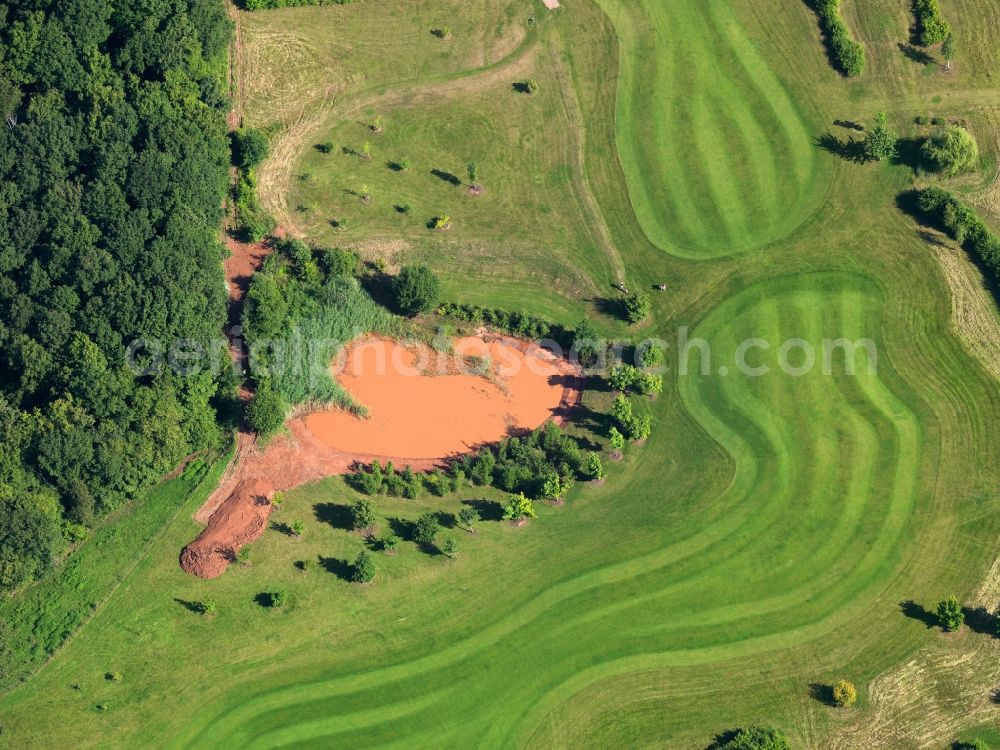 Aerial image Börrstadt - The golf club Am Donnersberg near Börrstadt in the state of Rhineland-Palatinate. The course is located on the south part of the mountain and next to the Autobahn A63. It can be used all year and is famous for its integration in the existing landscape. The 18-hole course is location to various tournaments