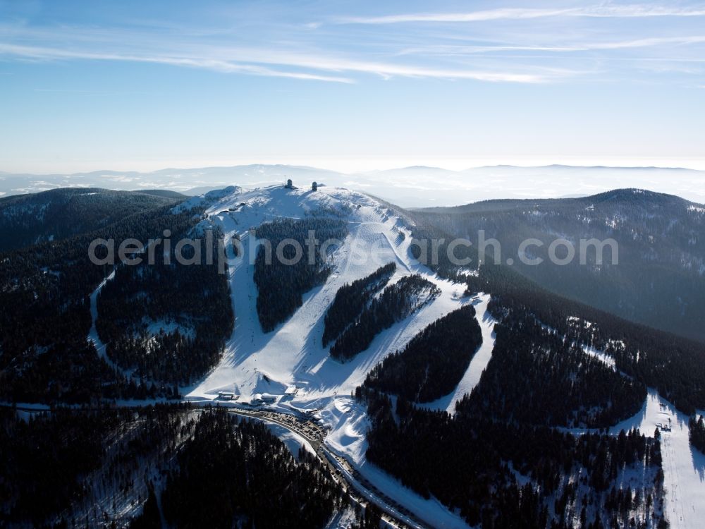 Aerial image Cham - The mountain Great Arber in the county of Cham in the Bavarian Forest. The Bavarian Forest is a 100km long moutain area at the border of Bavaria and the Czech Republic. Parts of it have been made a National Park and nature preserve area. Tourism is very important for the region. Nature, hiking and the culture connected to timberland are most dominant but there are also several skiing areas