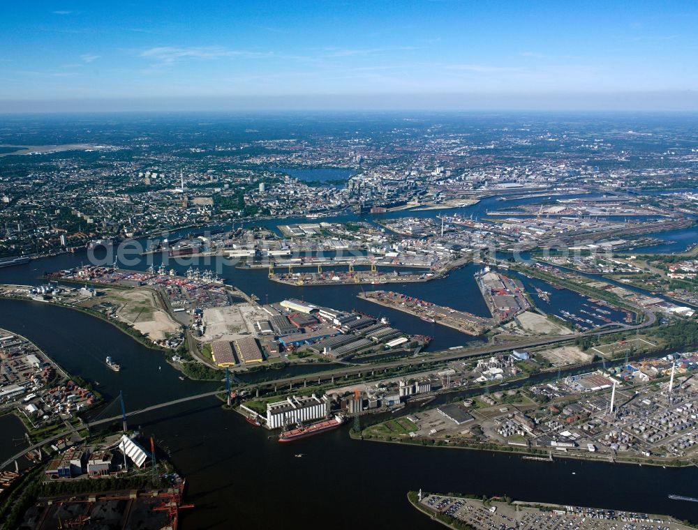 Aerial image Hamburg - The Port of Hamburg. It is located on the river Elbe and is the largest port in Germany and the second largest in Europe. View of the compound and facilities located within the port