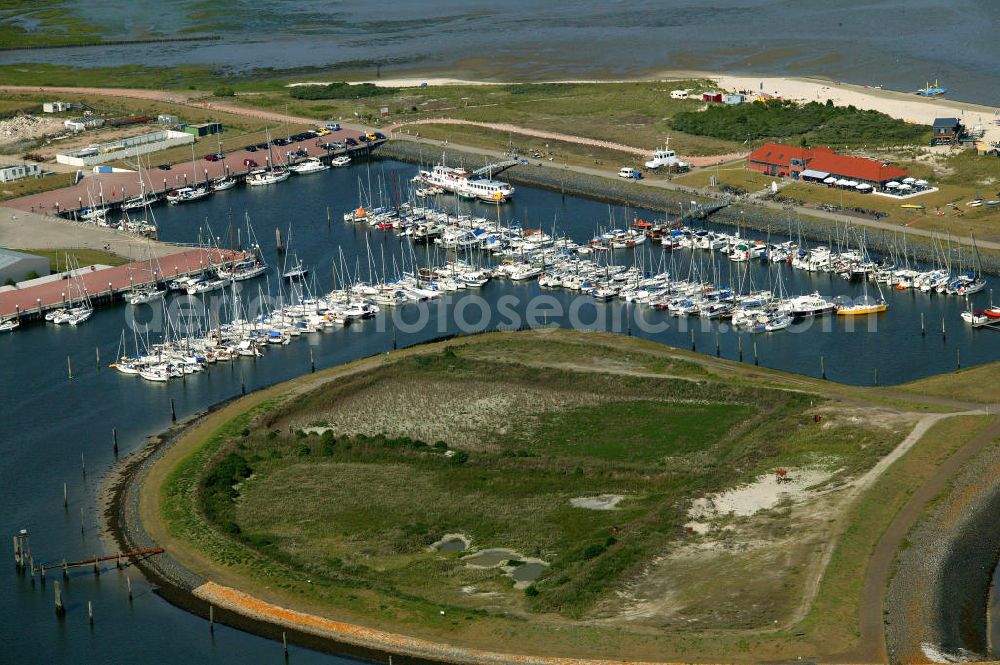 Aerial image Norderney - Blick über den Hafen von Norderney. Der Hafen Norderney dient hauptsächlich als Fährhafen und Sportboothafen. View of the port of Norderney. The Port Norderney serves mainly as a ferry terminal and marina.