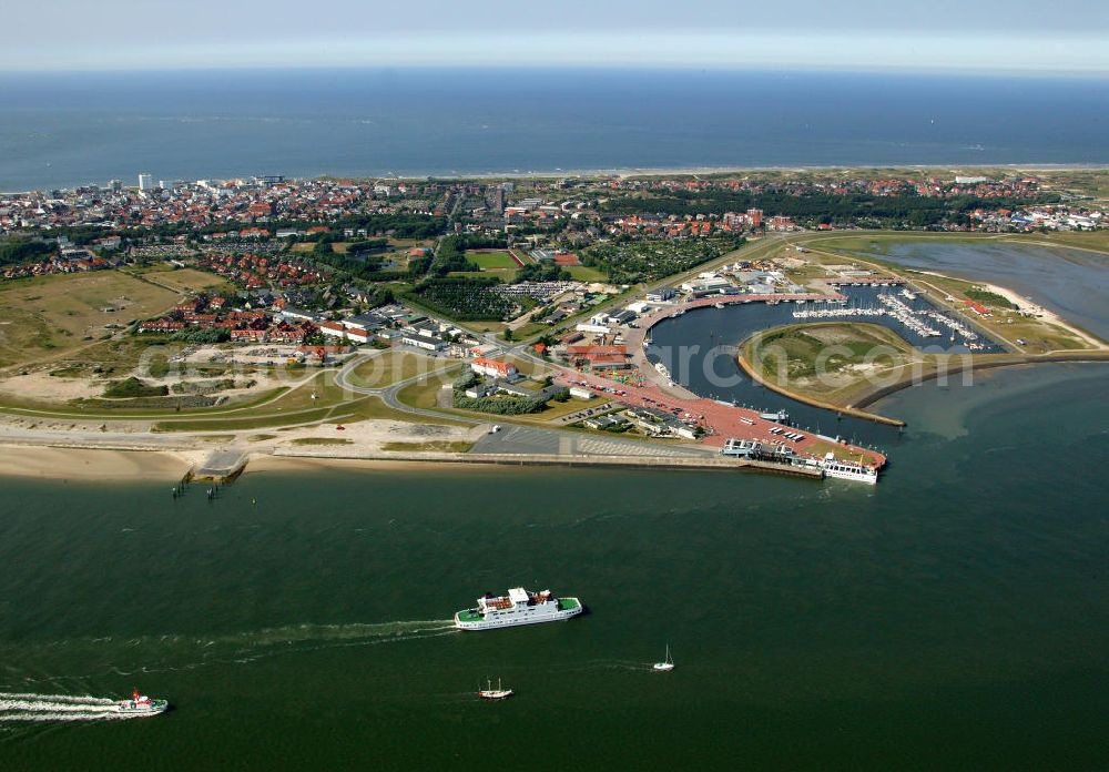 Aerial photograph Norderney - Blick über den Hafen von Norderney. Der Hafen Norderney dient hauptsächlich als Fährhafen und Sportboothafen. View of the port of Norderney. The Port Norderney serves mainly as a ferry terminal and marina.