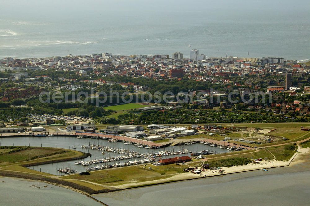 Aerial image Norderney - Blick über den Hafen von Norderney. Der Hafen Norderney dient hauptsächlich als Fährhafen und Sportboothafen. View of the port of Norderney. The Port Norderney serves mainly as a ferry terminal and marina.